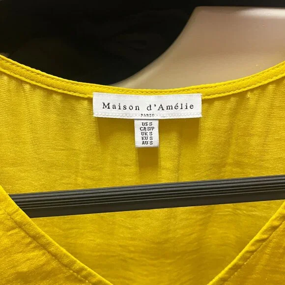 Maison D'Amelie Gold V-Neck Satin Blouse, Ruched Sleeves - Picture 2 of 3